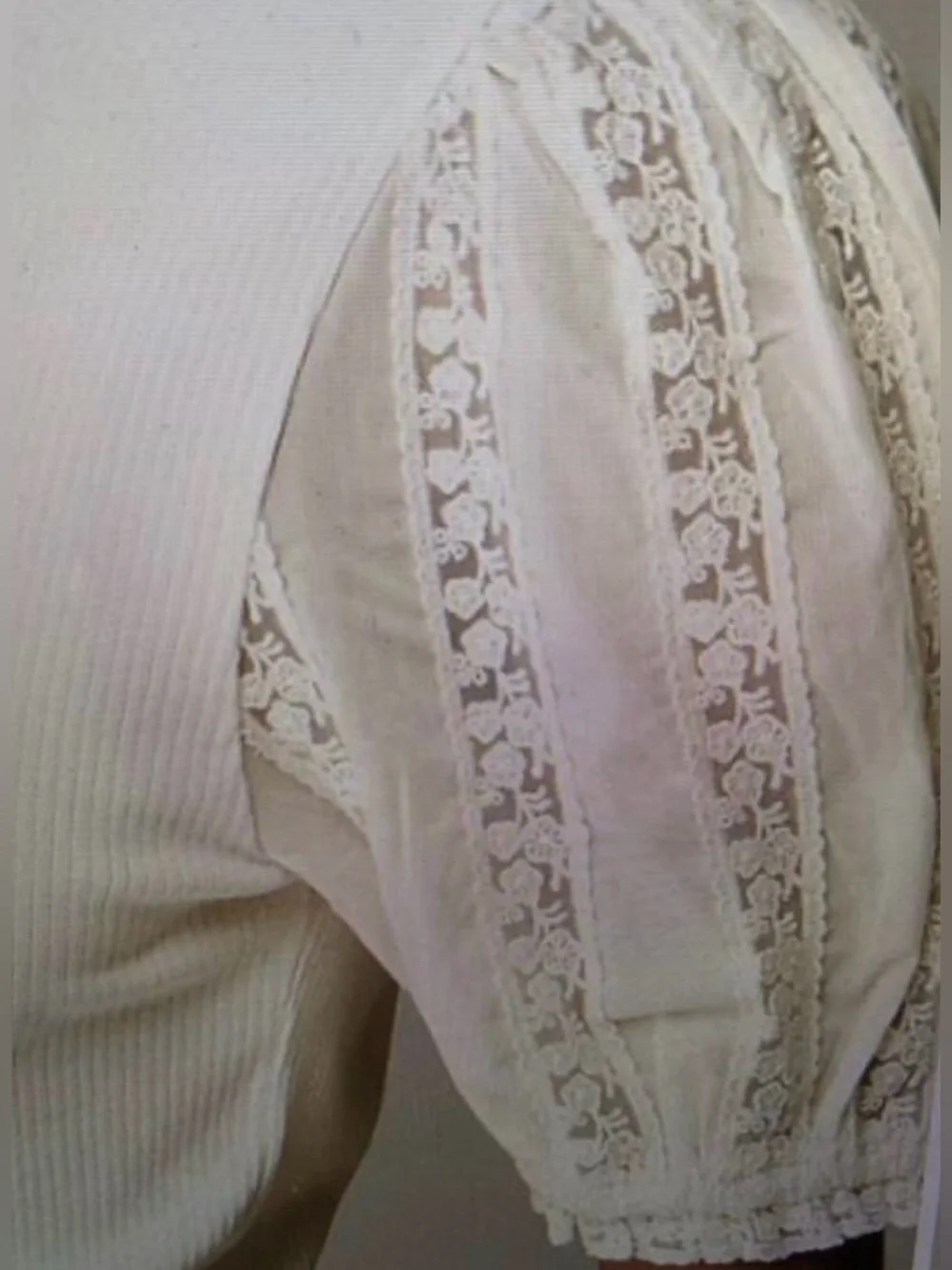 J. Crew Vintage Rib Top with Lace Puff Sleeves in Natural
